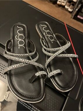Sugar Black Sandals with Silver Crystal Straps